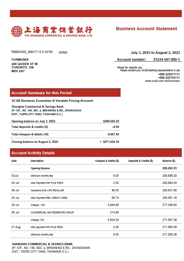 Modèle Word et PDF de relevé de compte de la Shanghai Commercial & Savings Bank
